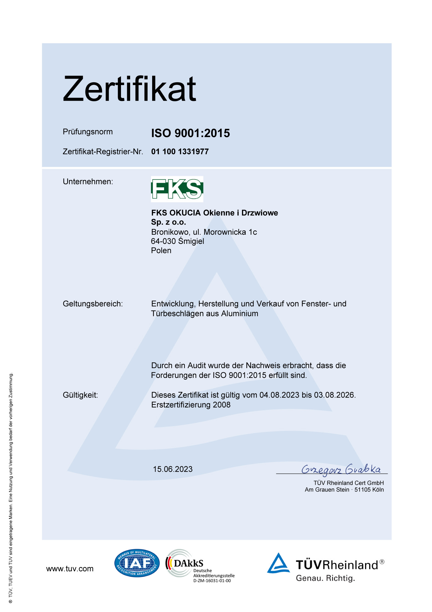 FKS 17 certyfikat ISO de